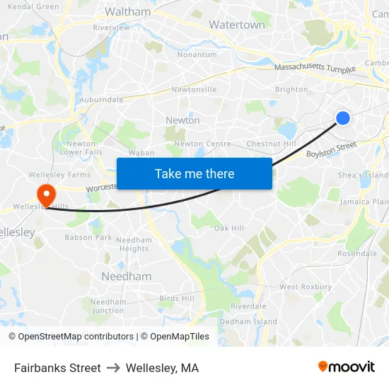 Fairbanks Street to Wellesley, MA map