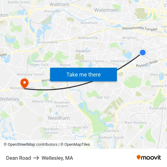 Dean Road to Wellesley, MA map