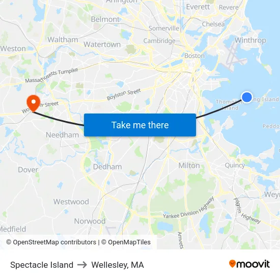 Spectacle Island to Wellesley, MA map