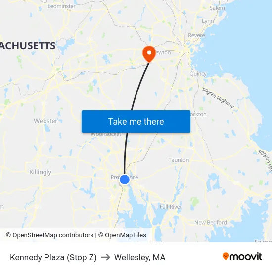 Kennedy Plaza (Stop Z) to Wellesley, MA map