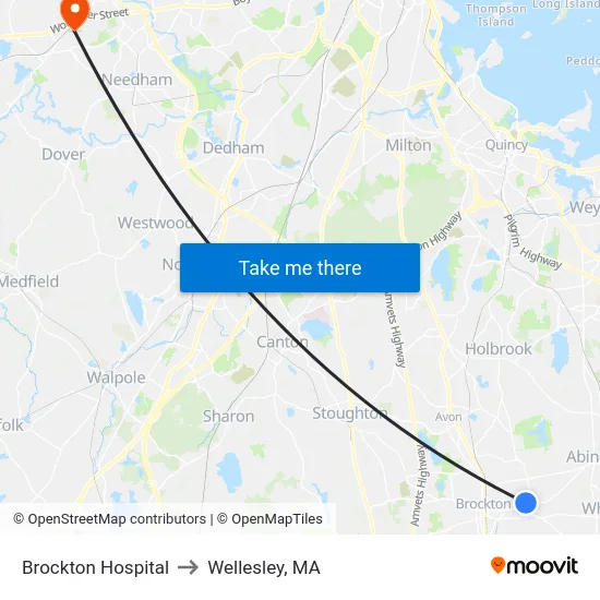 Brockton Hospital to Wellesley, MA map