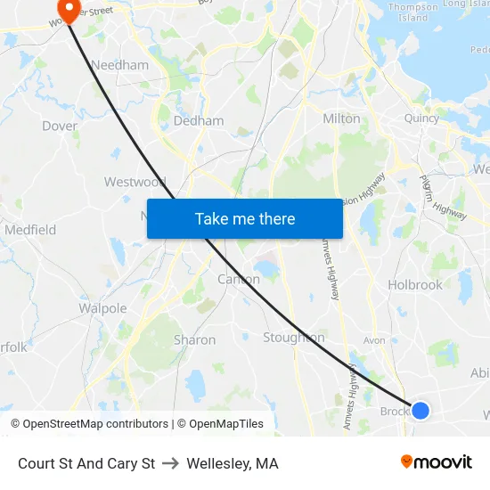 Court St And Cary St to Wellesley, MA map