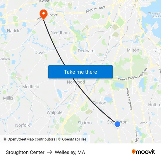 Stoughton Center to Wellesley, MA map