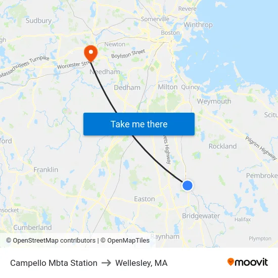 Campello Mbta Station to Wellesley, MA map