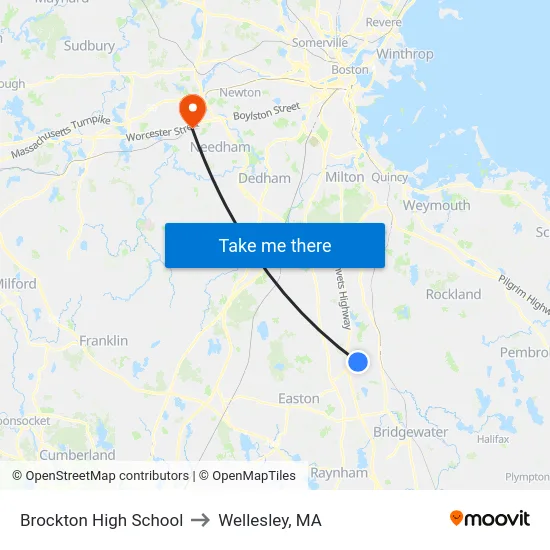 Brockton High School to Wellesley, MA map