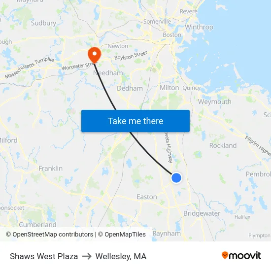Shaws West Plaza to Wellesley, MA map