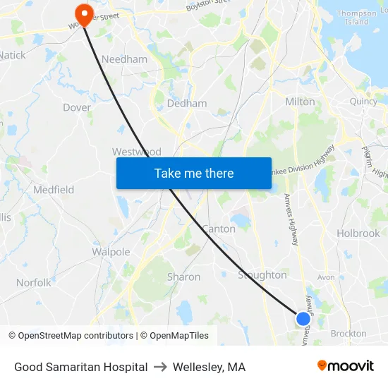 Good Samaritan Hospital to Wellesley, MA map
