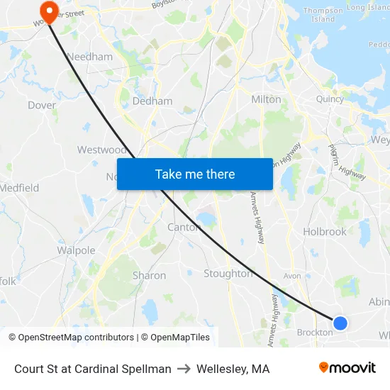 Court St at Cardinal Spellman to Wellesley, MA map