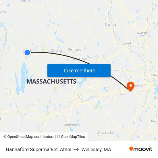 Hannaford Supermarket, Athol to Wellesley, MA map