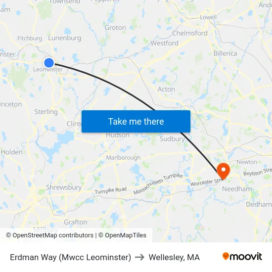 Erdman Way (Mwcc Leominster) to Wellesley, MA map