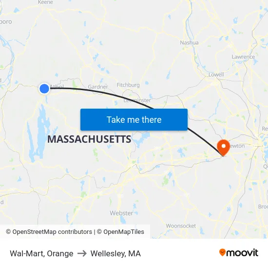 Wal-Mart, Orange to Wellesley, MA map