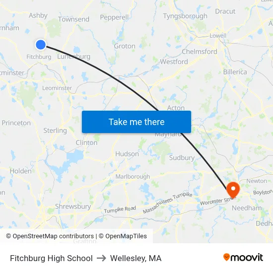 Fitchburg High School to Wellesley, MA map