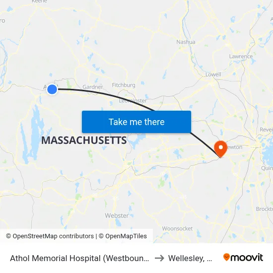 Athol Memorial Hospital (Westbound) to Wellesley, MA map