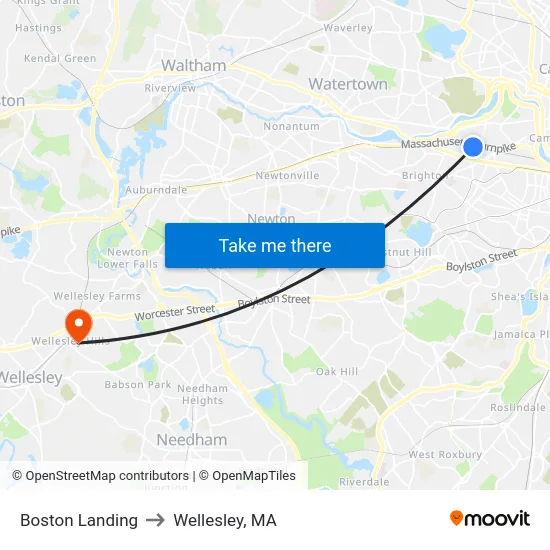 Boston Landing to Wellesley, MA map