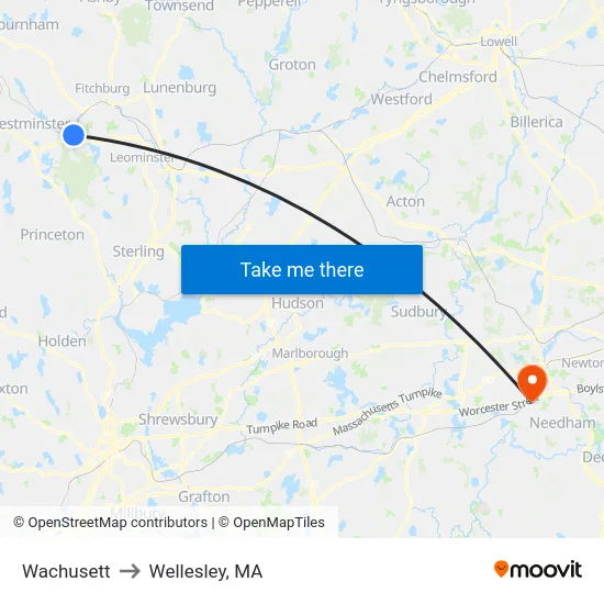 Wachusett to Wellesley, MA map