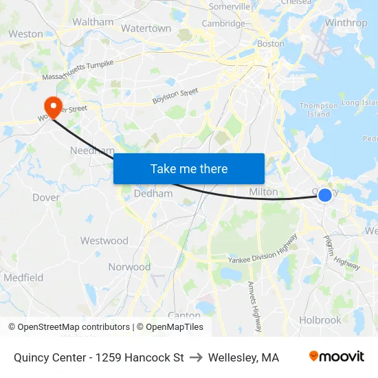 Quincy Center - 1259 Hancock St to Wellesley, MA map