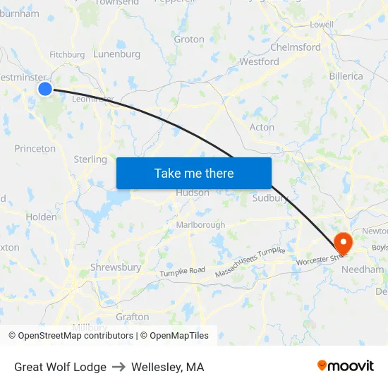 Great Wolf Lodge to Wellesley, MA map