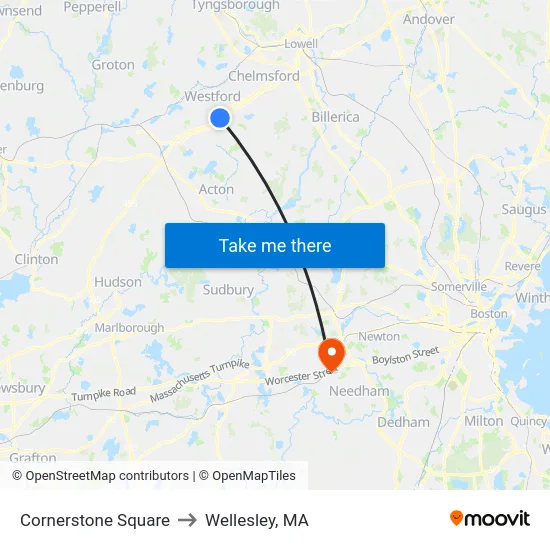 Cornerstone Square to Wellesley, MA map