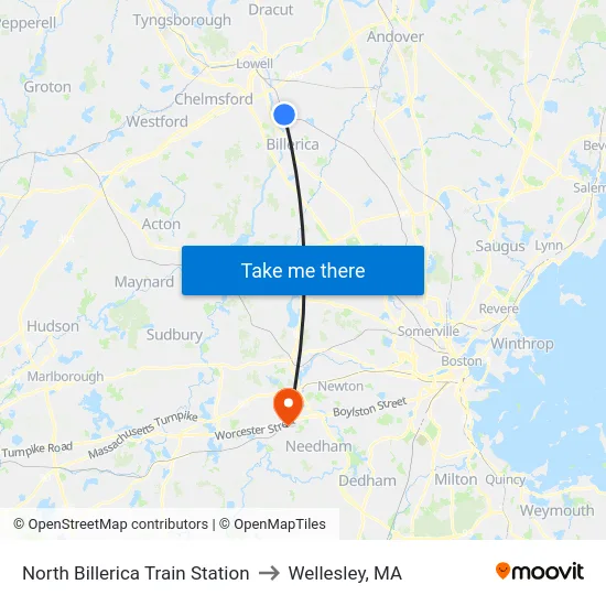 North Billerica Train Station to Wellesley, MA map