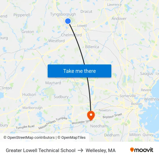 Greater Lowell Technical School to Wellesley, MA map