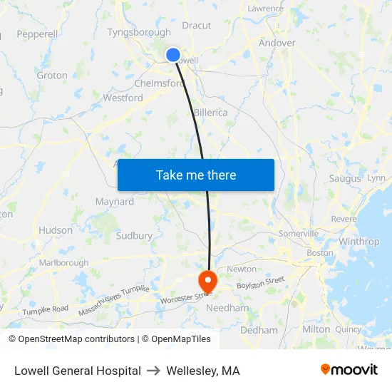Lowell General Hospital to Wellesley, MA map