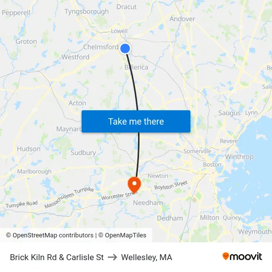 Brick Kiln Rd & Carlisle St to Wellesley, MA map