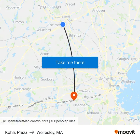 Kohls Plaza to Wellesley, MA map