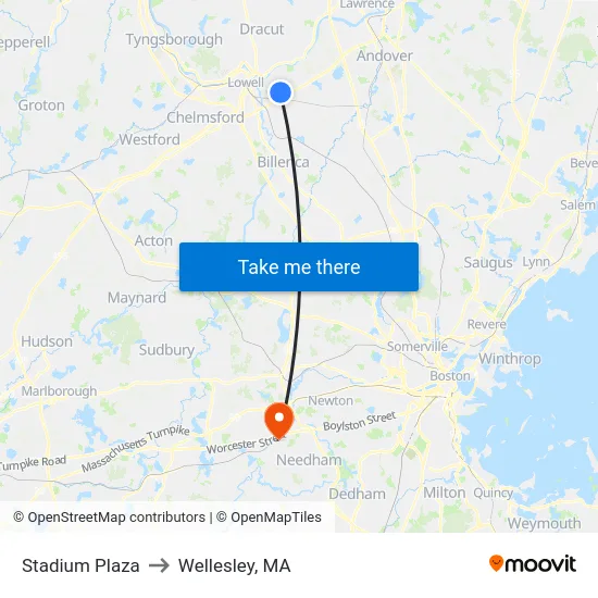 Stadium Plaza to Wellesley, MA map