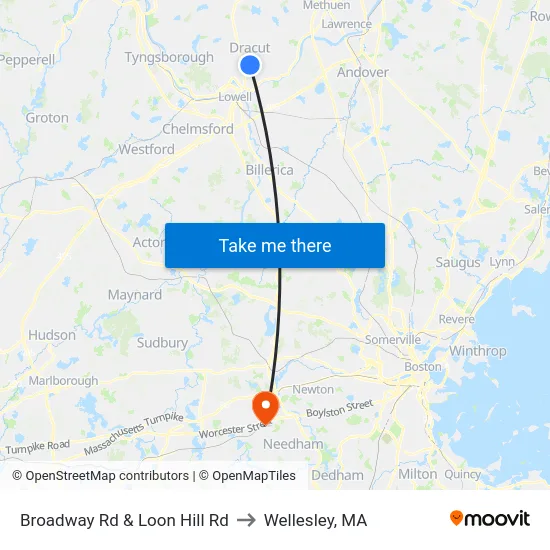 Broadway Rd & Loon Hill Rd to Wellesley, MA map