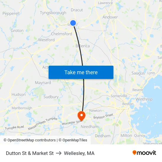 Dutton St & Market St to Wellesley, MA map