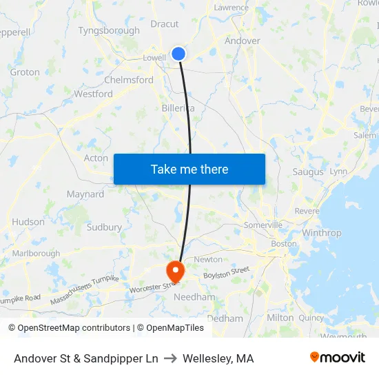 Andover St & Sandpipper Ln to Wellesley, MA map