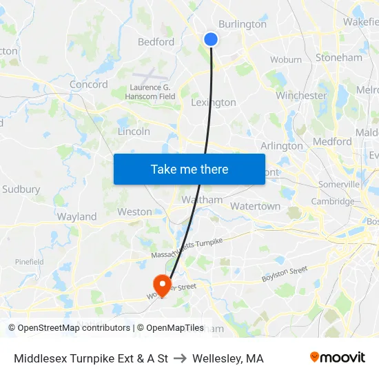 Middlesex Turnpike Ext & A St to Wellesley, MA map