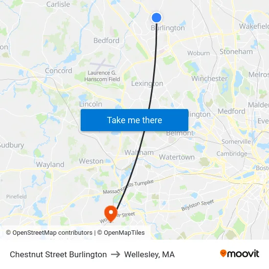 Chestnut Street Burlington to Wellesley, MA map
