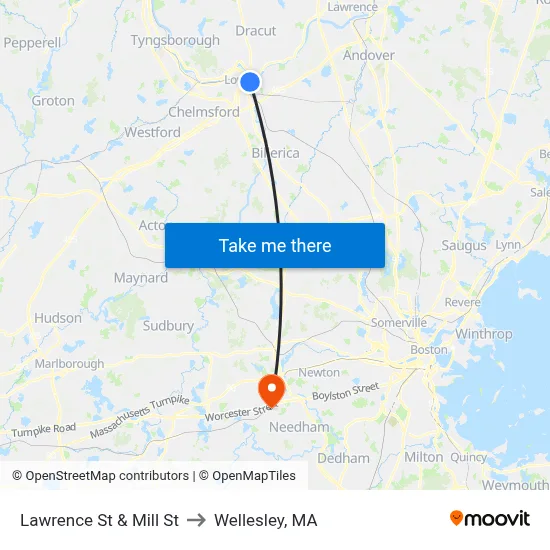 Lawrence St & Mill St to Wellesley, MA map