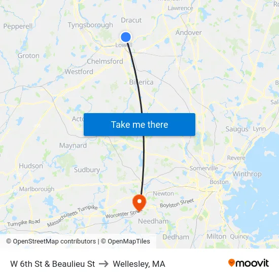 W 6th St & Beaulieu St to Wellesley, MA map