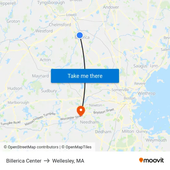 Billerica Center to Wellesley, MA map