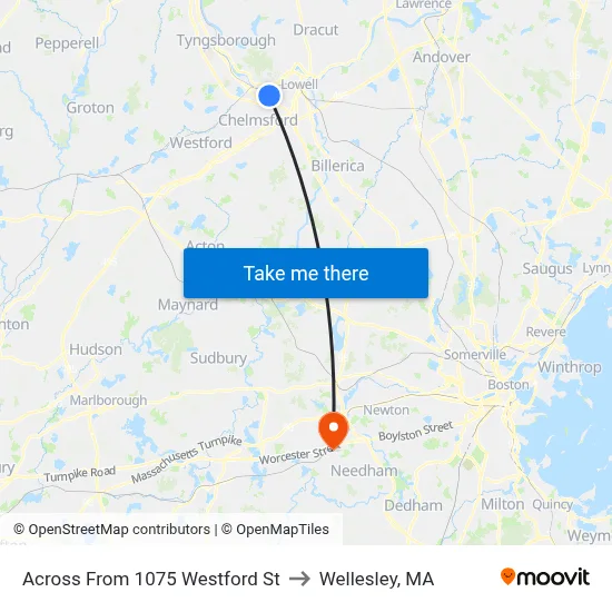 Across From 1075 Westford St to Wellesley, MA map