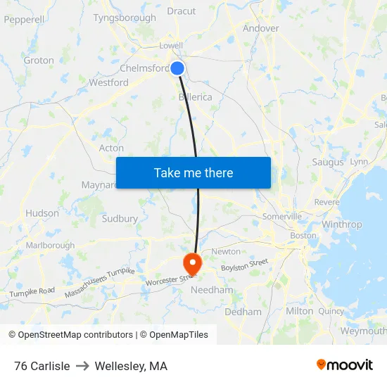 76 Carlisle to Wellesley, MA map