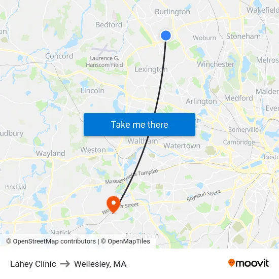 Lahey Clinic to Wellesley, MA map