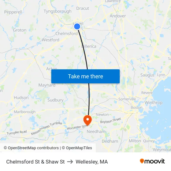 Chelmsford St & Shaw St to Wellesley, MA map