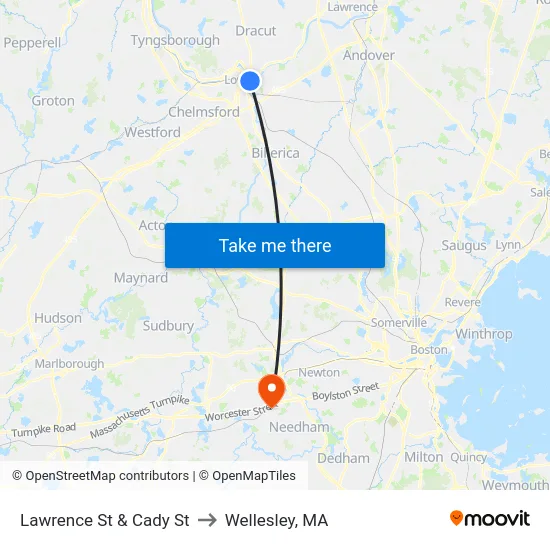 Lawrence St & Cady St to Wellesley, MA map