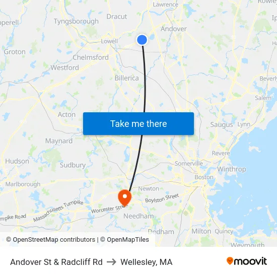 Andover St & Radcliff Rd to Wellesley, MA map