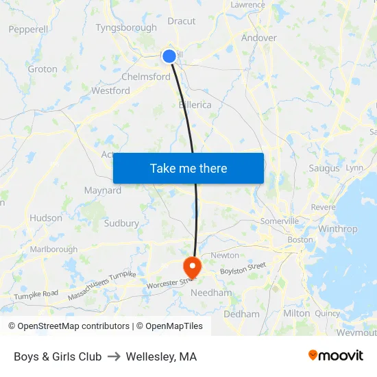 Boys & Girls Club to Wellesley, MA map