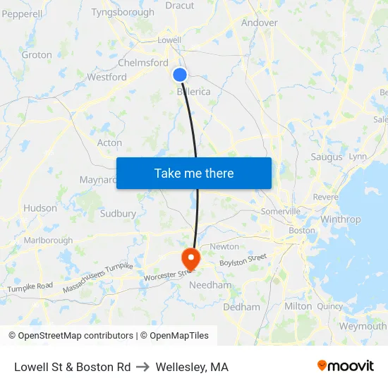 Lowell St & Boston Rd to Wellesley, MA map