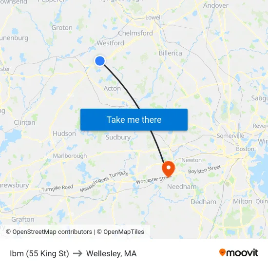Ibm (55 King St) to Wellesley, MA map
