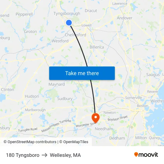 180 Tyngsboro to Wellesley, MA map