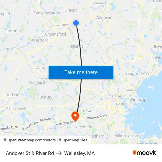 Andover St & River Rd to Wellesley, MA map