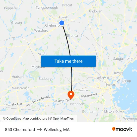 850 Chelmsford to Wellesley, MA map