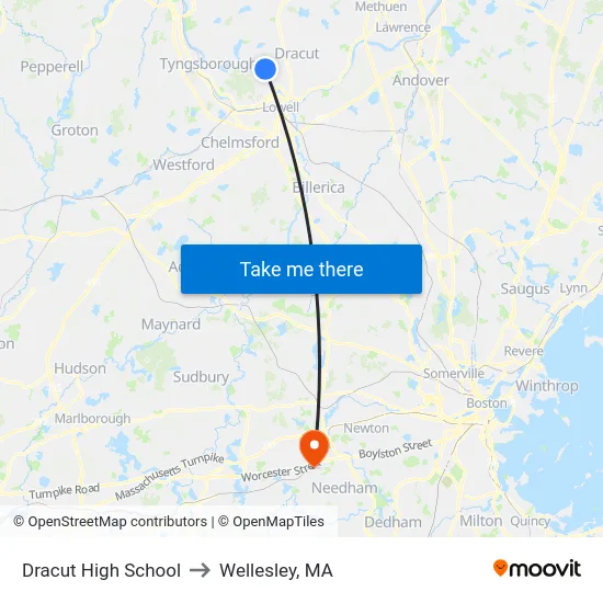 Dracut High School to Wellesley, MA map