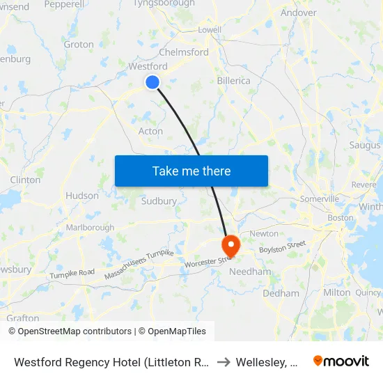Westford Regency Hotel (Littleton Rd) to Wellesley, MA map